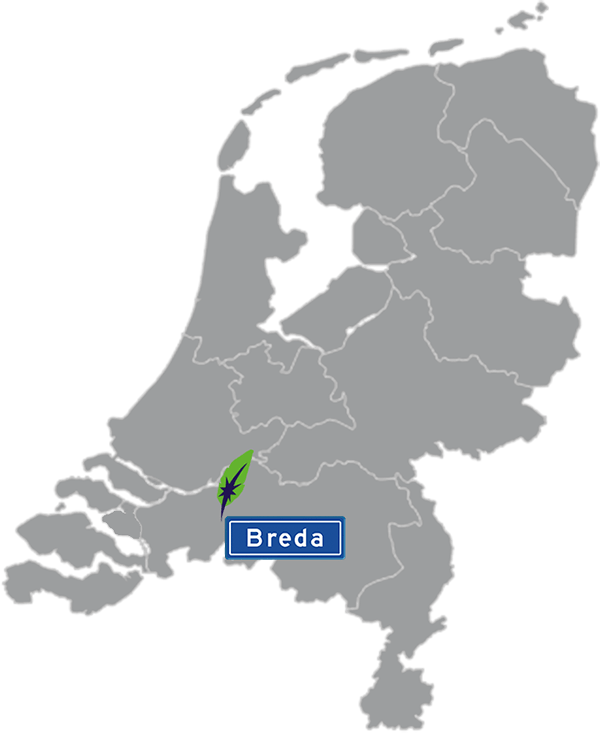 Grijze kaart van Nederland met Breda aangegeven voor maatwerk taalcursus Engels zakelijk - blauw plaatsnaambord met witte letters en Dagnall veer - transparante achtergrond - 600 * 733 pixels